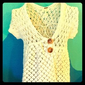 Free people long crochet sweater with wood buttons